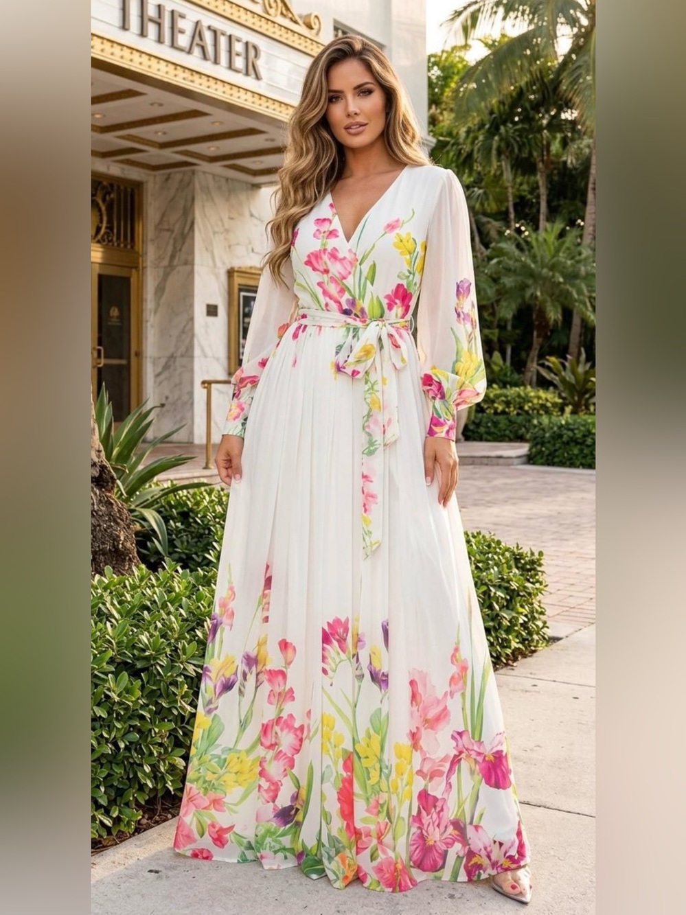 White Floral V-Neck Wrap Maxi Dress with Tie Waist